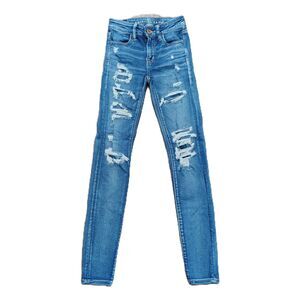 American Eagle Juniors Mid Rise Distressed Jeggings 00 Long Tall Stretch Jeans